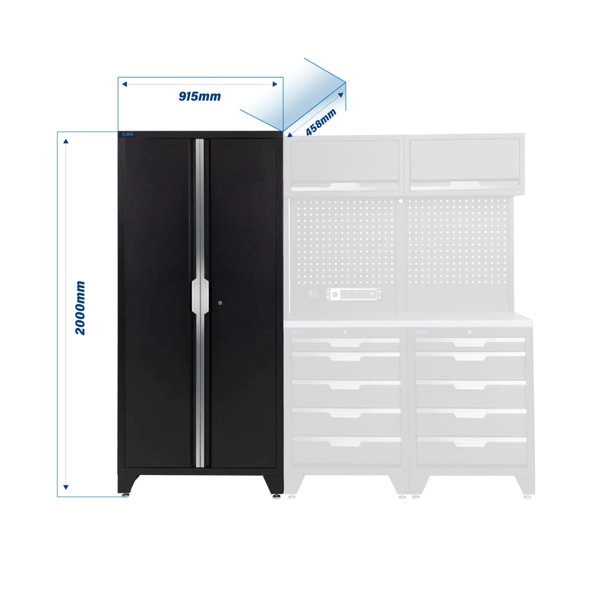 SGS 7pc Garage Storage System | 10 Drawers | Stainless Steel Worktop | 2x Upper Cabinets | Tall Double Cabinet | Pegboard with Power Strip